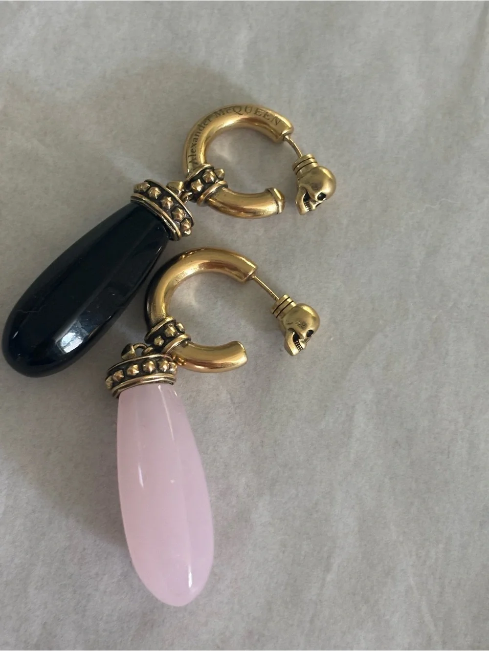 Alexander McQueen Gold Hoop Earrings with Pink and Black Teardrops